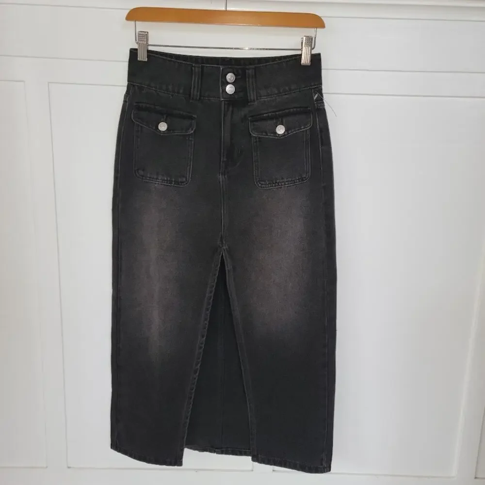 Free People We The Free Madison Midi Denim Skirt Black Size‎ 24 NWOT - Picture 4 of 4